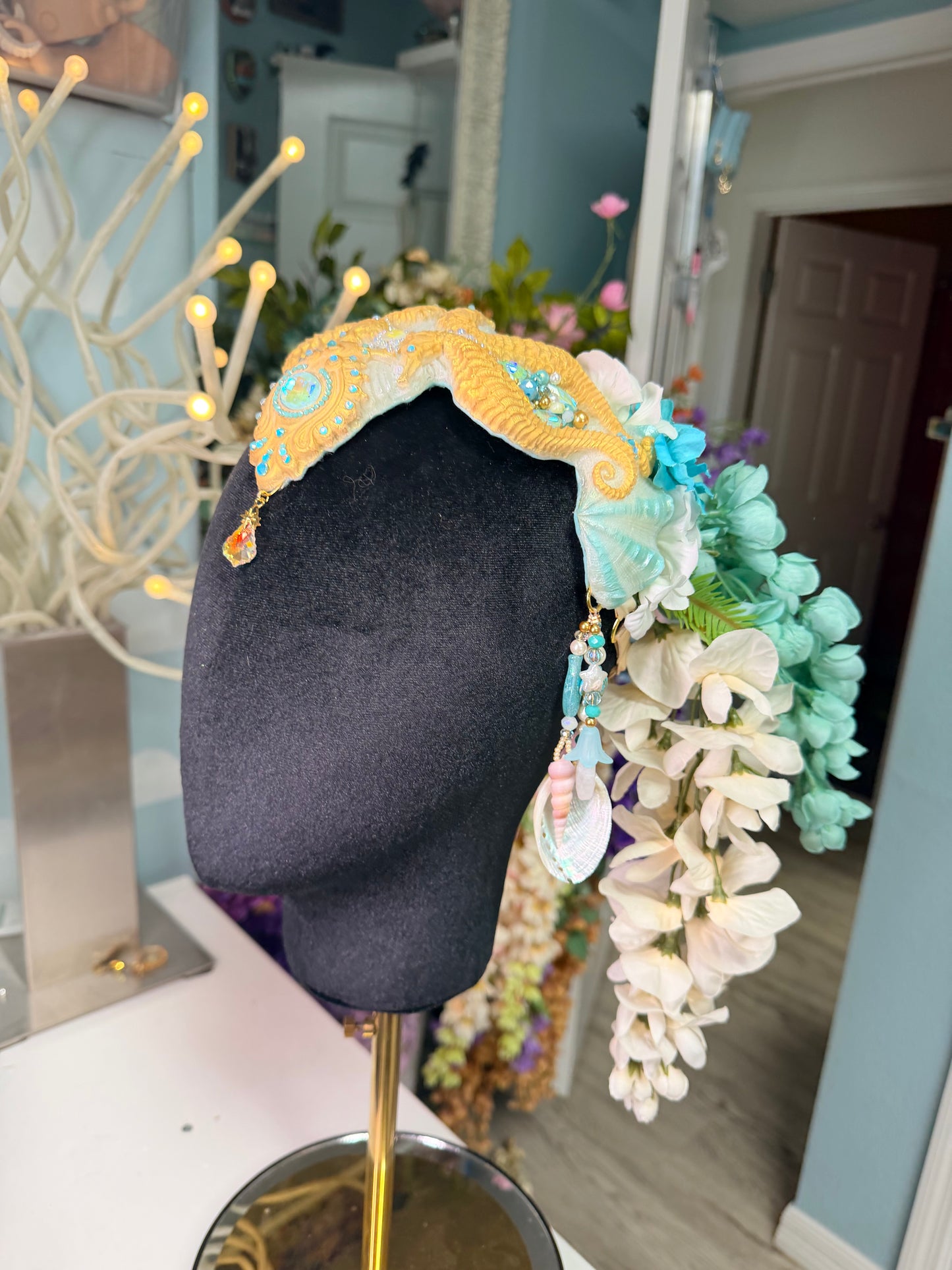 Sale! Gold/white/ blue seahorse crown