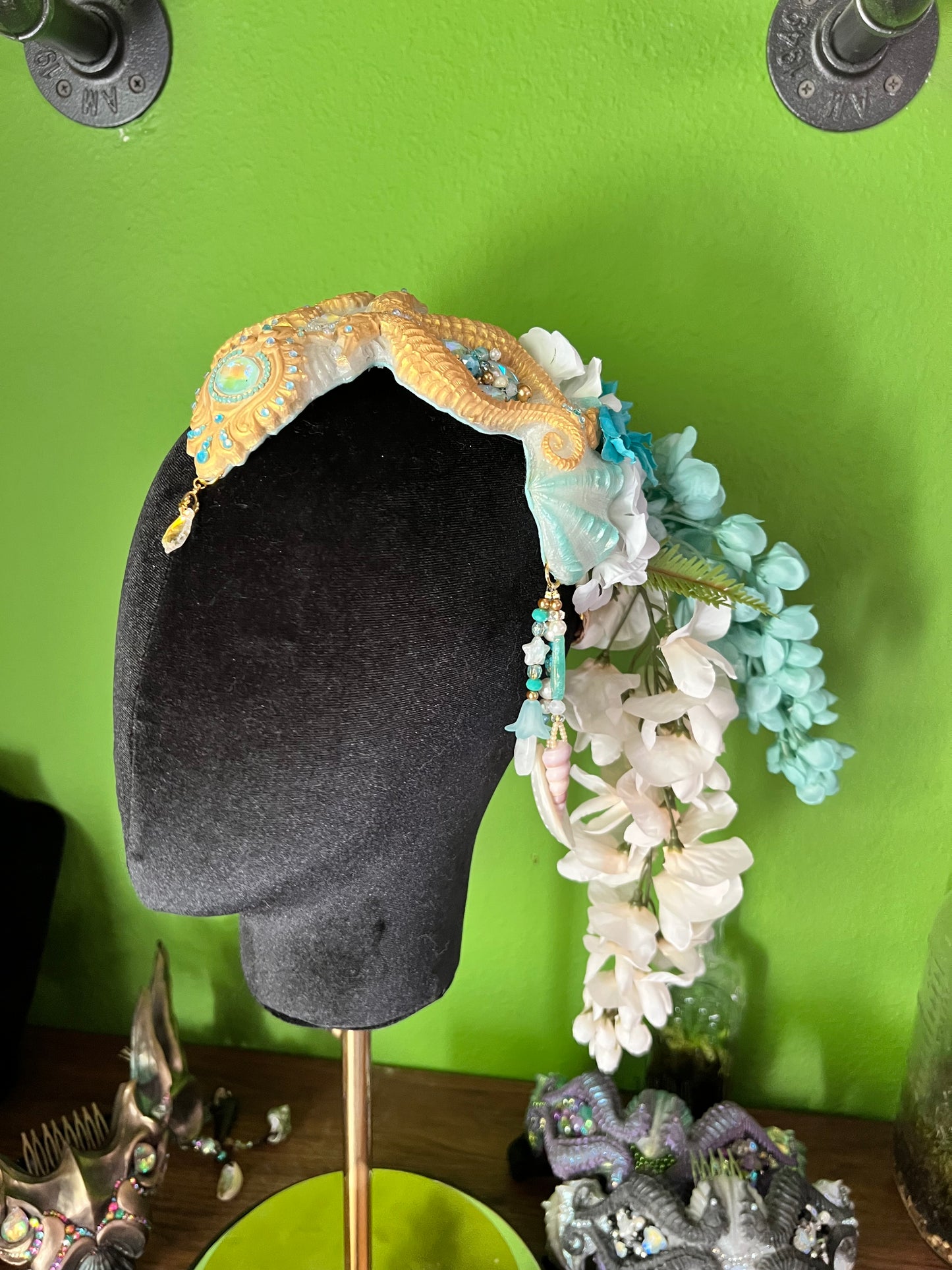 Gold/white/ blue seahorse crown