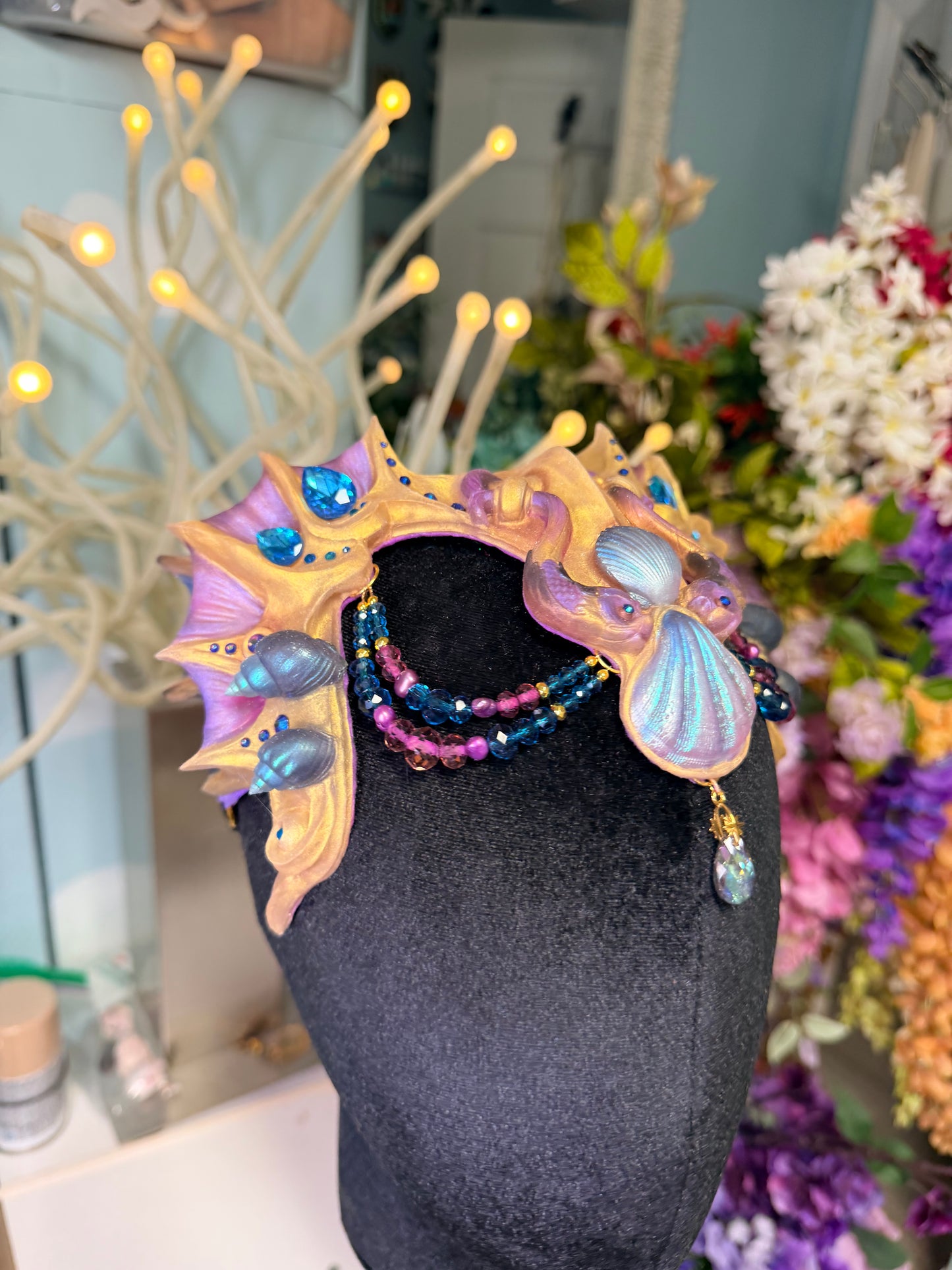 Purple/blue/gold beaded Lorelei crown
