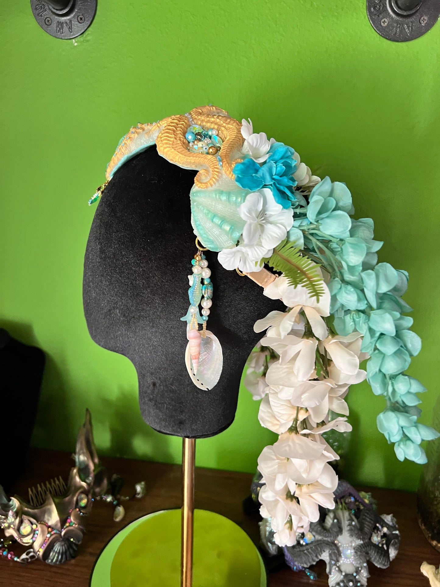 Gold/white/ blue seahorse crown