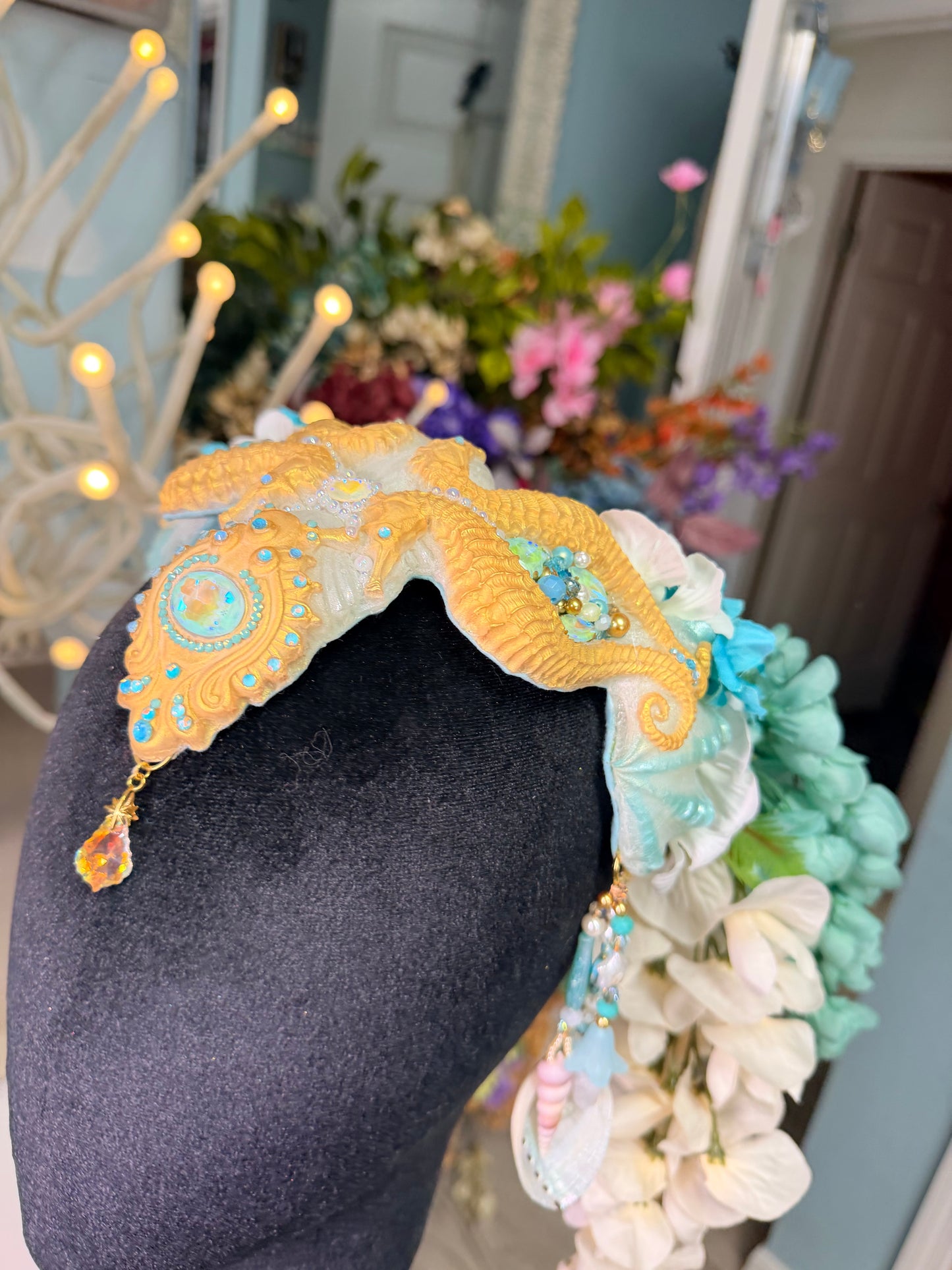 Sale! Gold/white/ blue seahorse crown