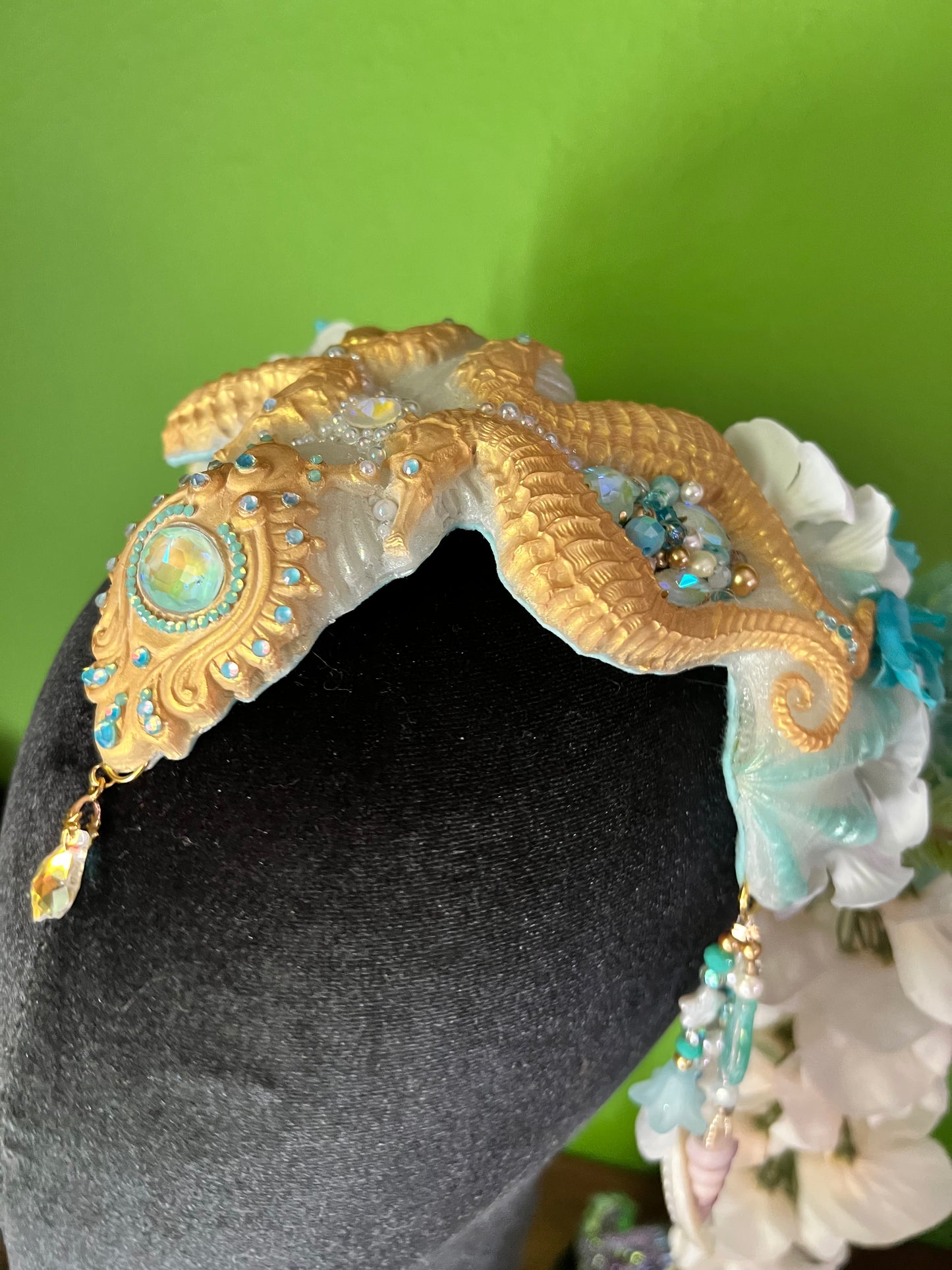 Gold/white/ blue seahorse crown