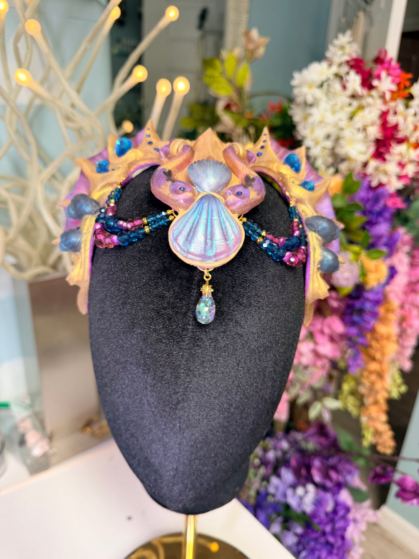 Purple/blue/gold beaded Lorelei crown