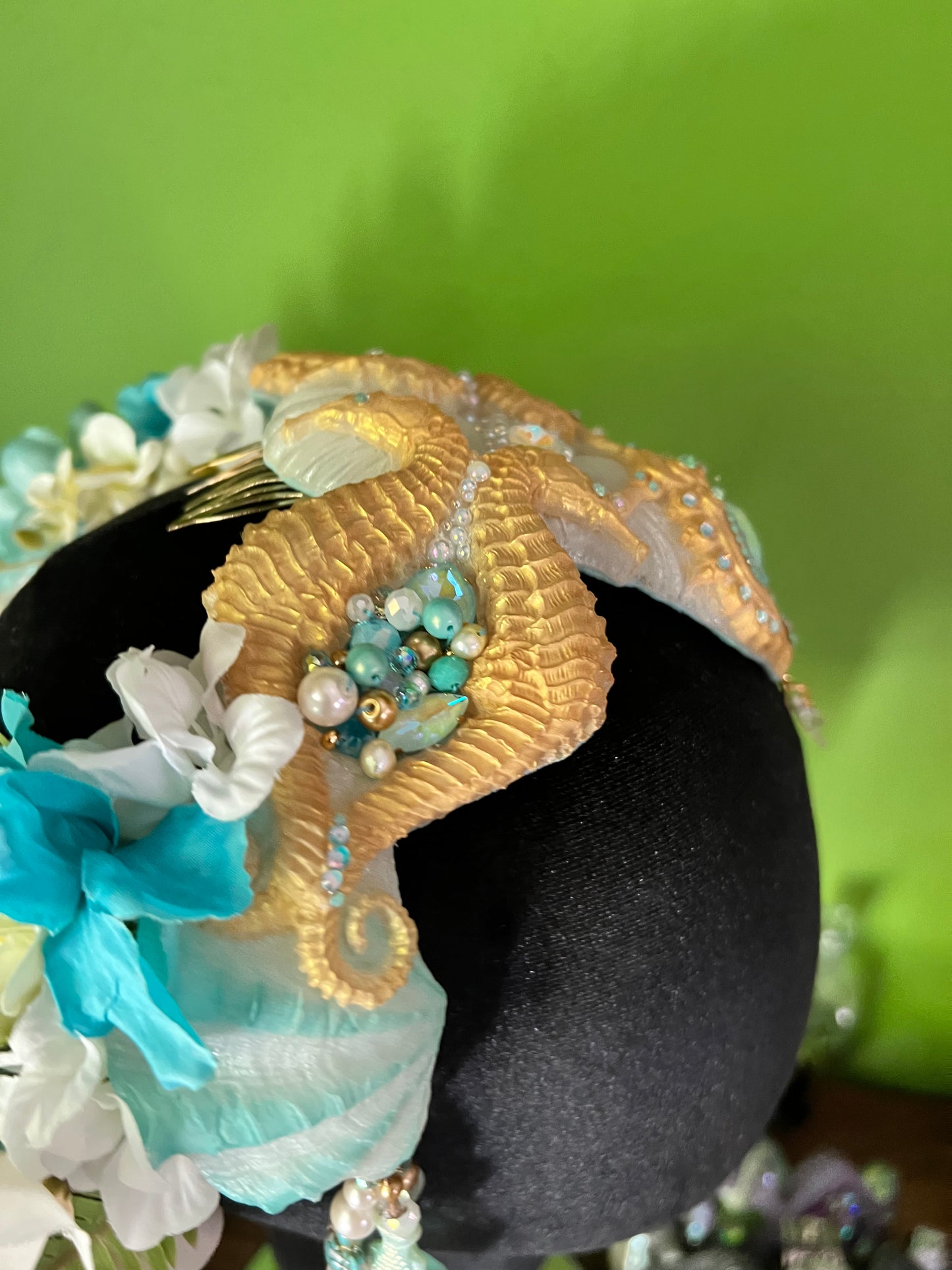 Gold/white/ blue seahorse crown