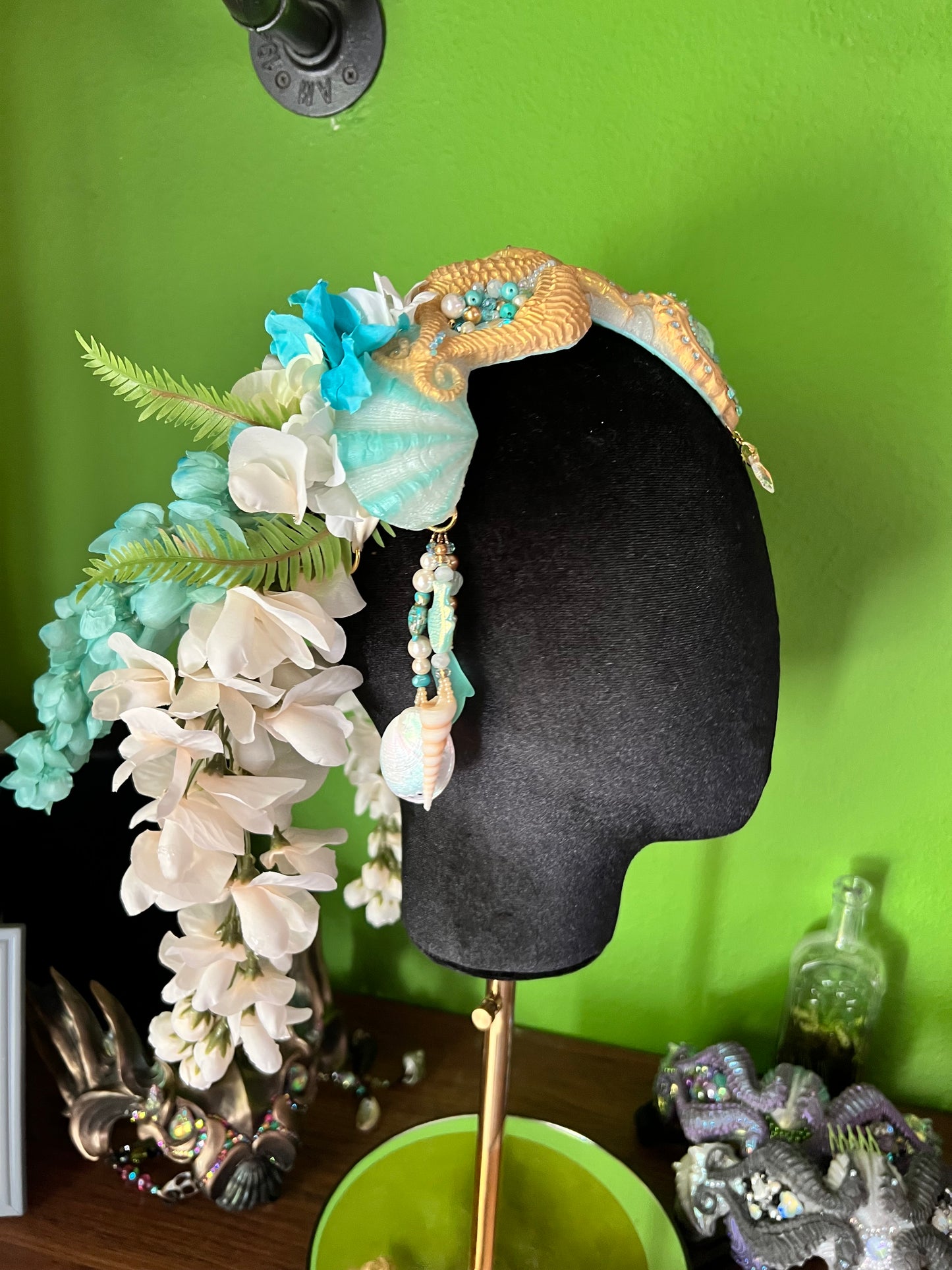 Gold/white/ blue seahorse crown