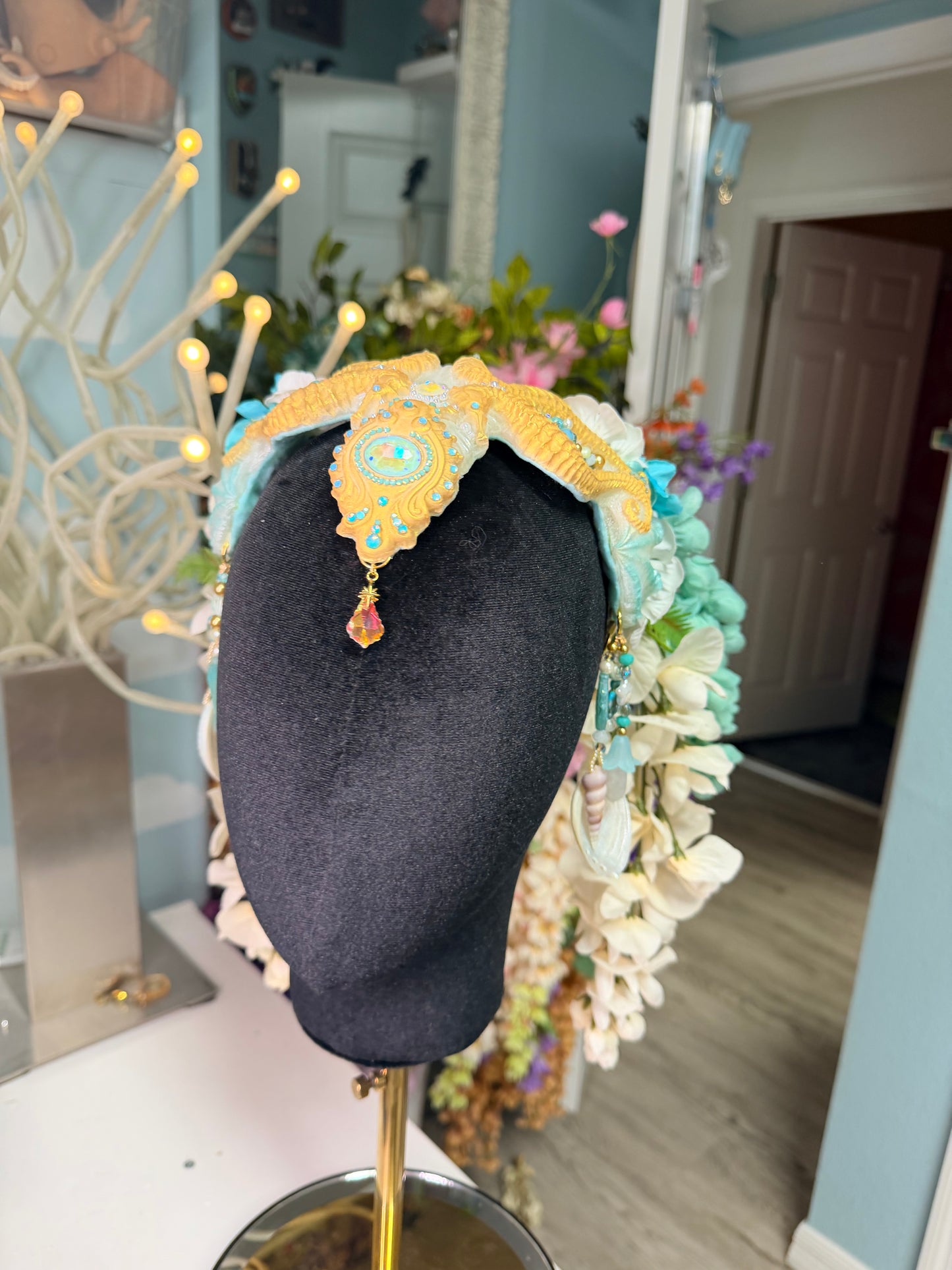Sale! Gold/white/ blue seahorse crown