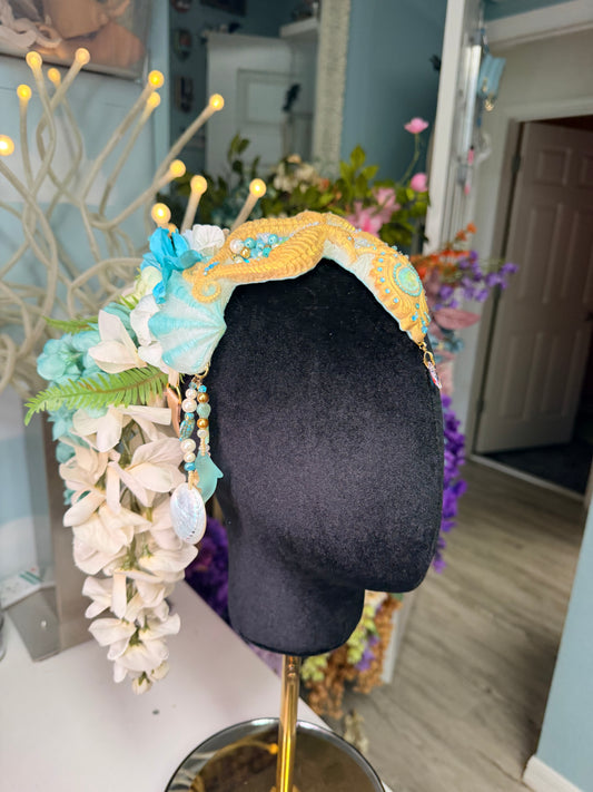 Gold/white/ blue seahorse crown